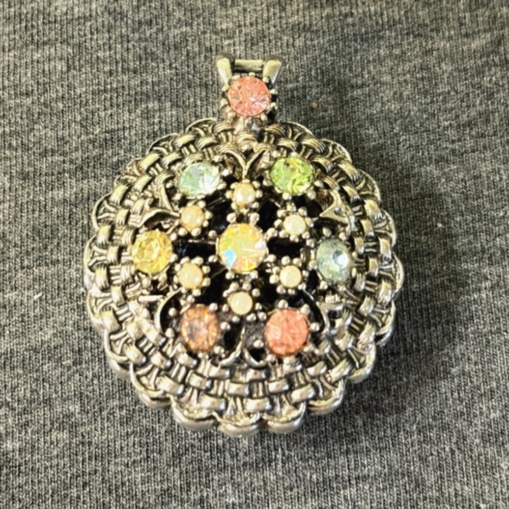 Pendant Silver Tone Rhinestone Faux Pearl Multi Color Vintage Victorian Style